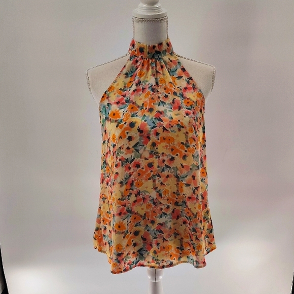 Willow And Root Halter Top Floral Print Size Medium Pink Orange Green Sleeveless - Picture 1 of 6